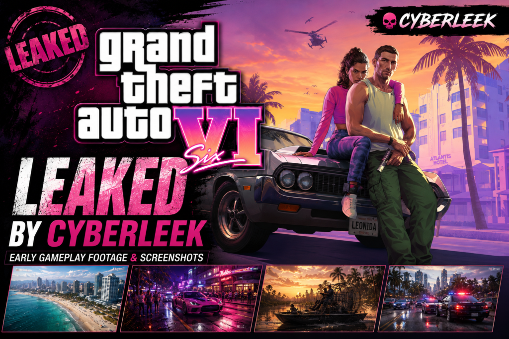 A dramatic GTA VI feature image showing the official-style logo, “LEAKED BY CYBERLEEK” branding, two protagonists, a classic car, Vice City scenery, and multiple gameplay-style scenes in the background.
