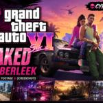 A dramatic GTA VI feature image showing the official-style logo, “LEAKED BY CYBERLEEK” branding, two protagonists, a classic car, Vice City scenery, and multiple gameplay-style scenes in the background.