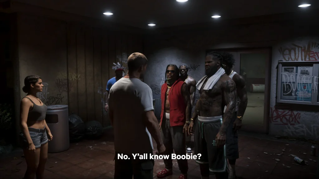Jason and lucia standing in front of npcs