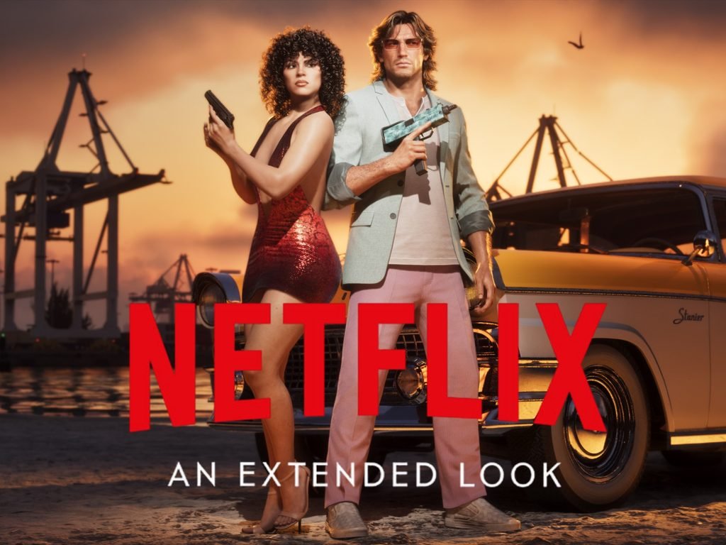 Netflix GTA 6 extended look announcement showing Jason and Lucia standing in front of car