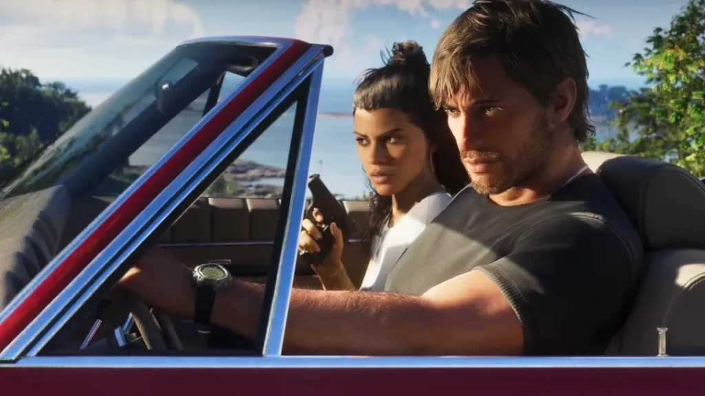 Jason and Lucia sitting in car in vice city