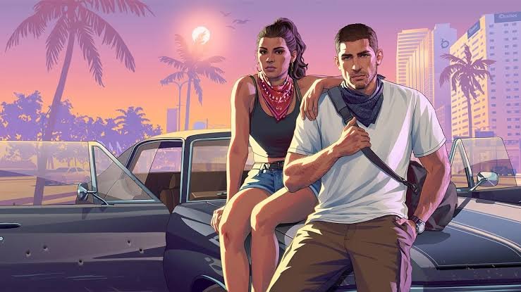 GTA 6 official artwork of Jason and Lucia sitting on a car bonnet