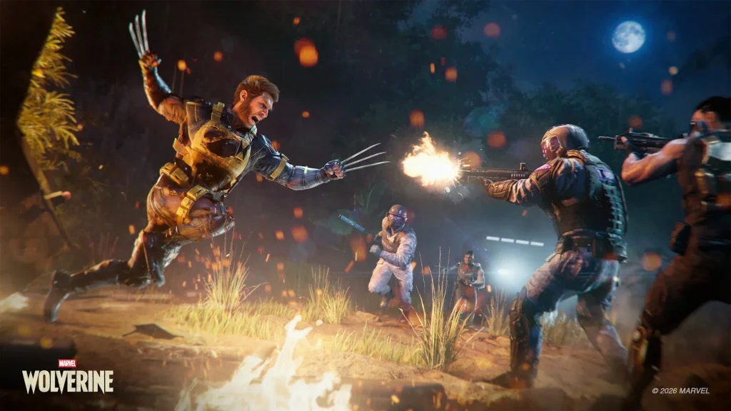 A Wolverine jumping on a guy with his iron blades open