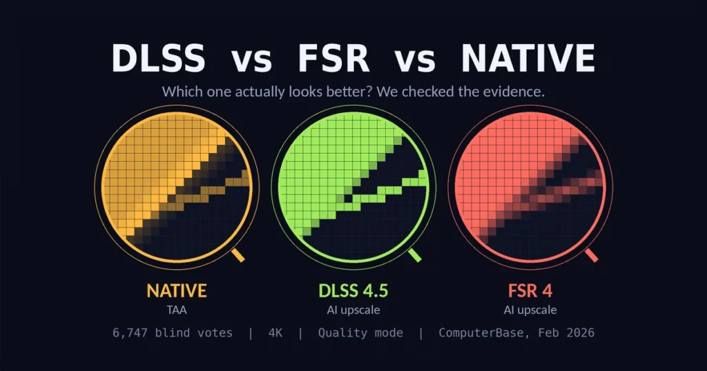 Concept graphic of three magnifier lenses comparing DLSS vs FSR vs native resolution edge quality