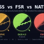 Concept graphic of three magnifier lenses comparing DLSS vs FSR vs native resolution edge quality