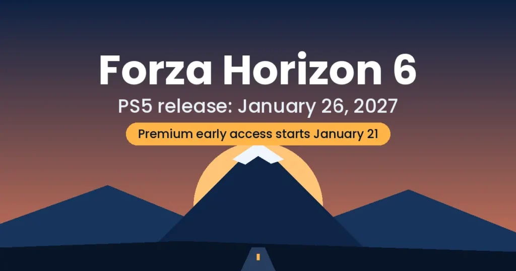Forza Horizon 6 PS5 release date graphic showing January 26, 2027 and Premium early access on January 21