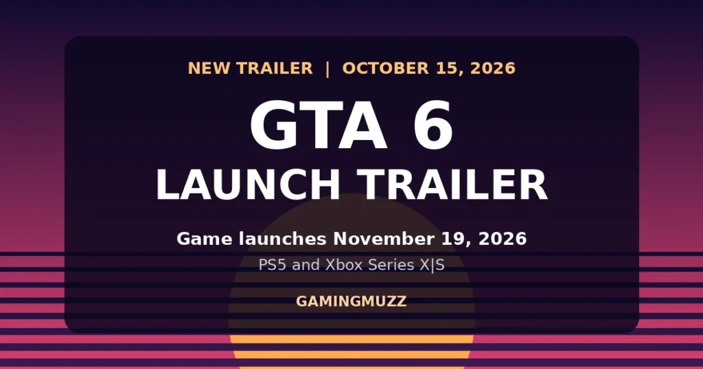 GTA 6 launch trailer featured graphic with the October 15, 2026 trailer date and November 19 game date