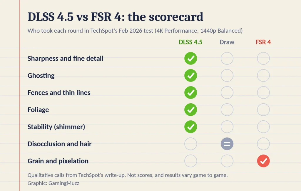 Scorecard showing which of DLSS 4.5 or FSR 4 won each image-quality category in TechSpot’s February 2026 test
