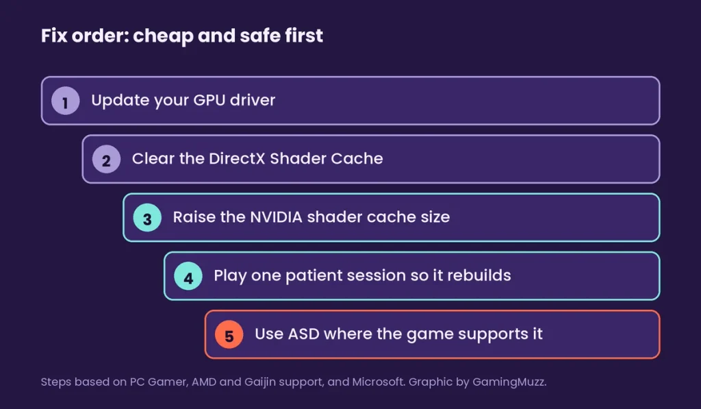 Staircase graphics showing the order of fixes from driver update to ASD