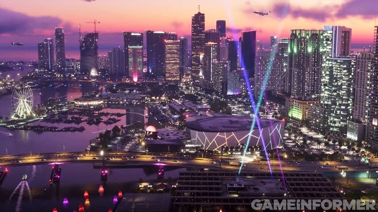 Vice City skyline and Sahara Arena at night