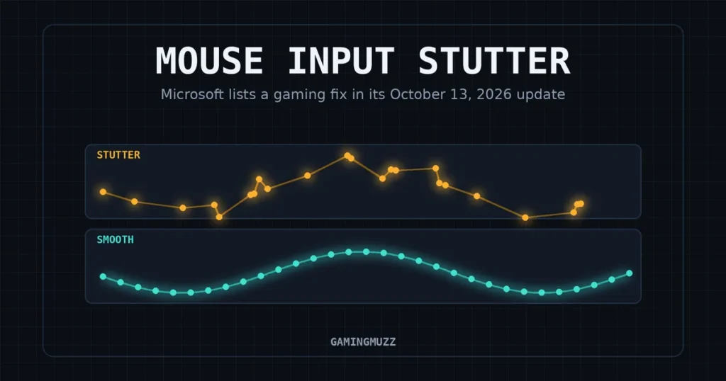 Concept graphic comparing a jittery amber cursor path with a smooth cyan path for Windows 11 mouse stutter